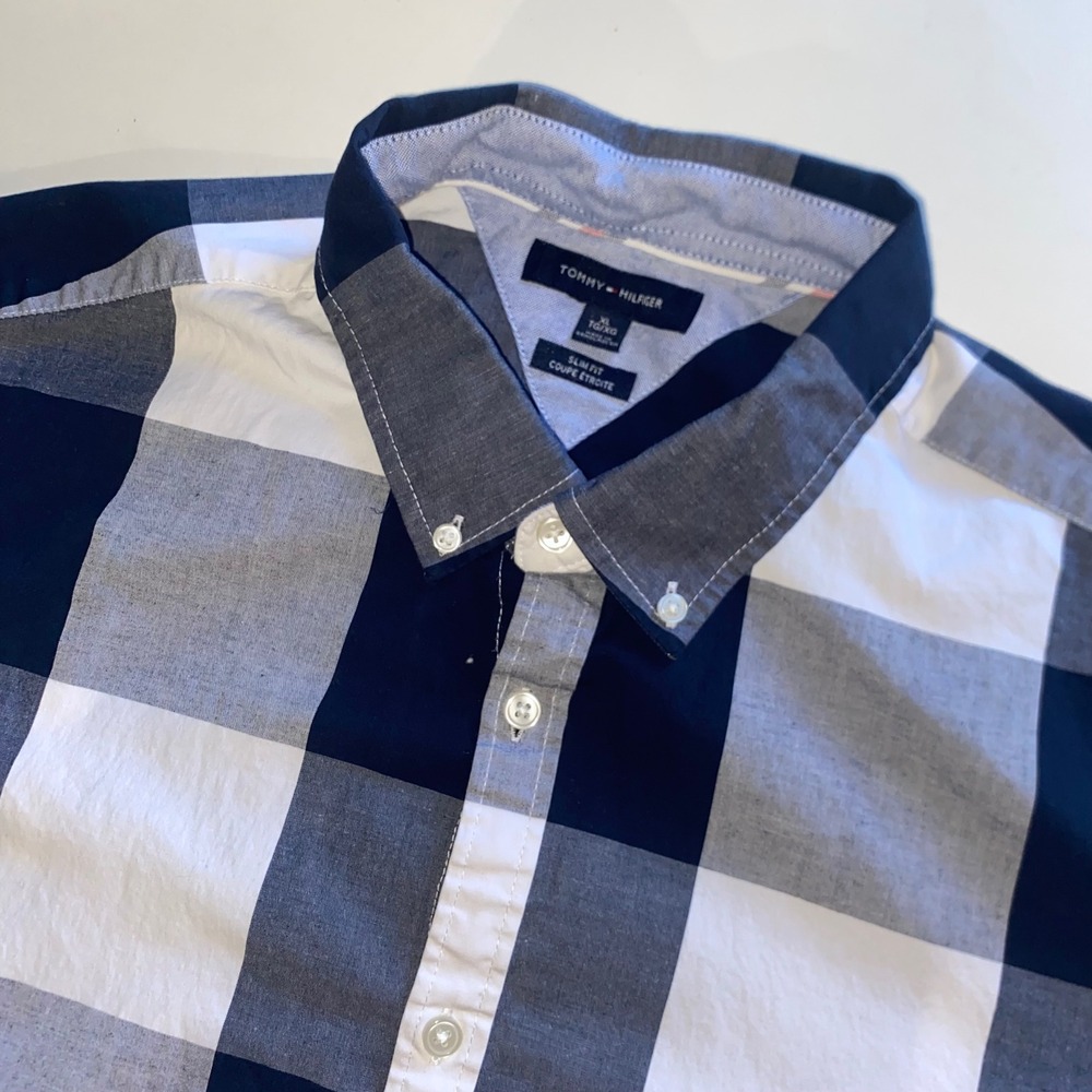 Tommy Hilfiger Mens XL Slim Fit Short Sleeve Buffalo Check Button Down Shirt